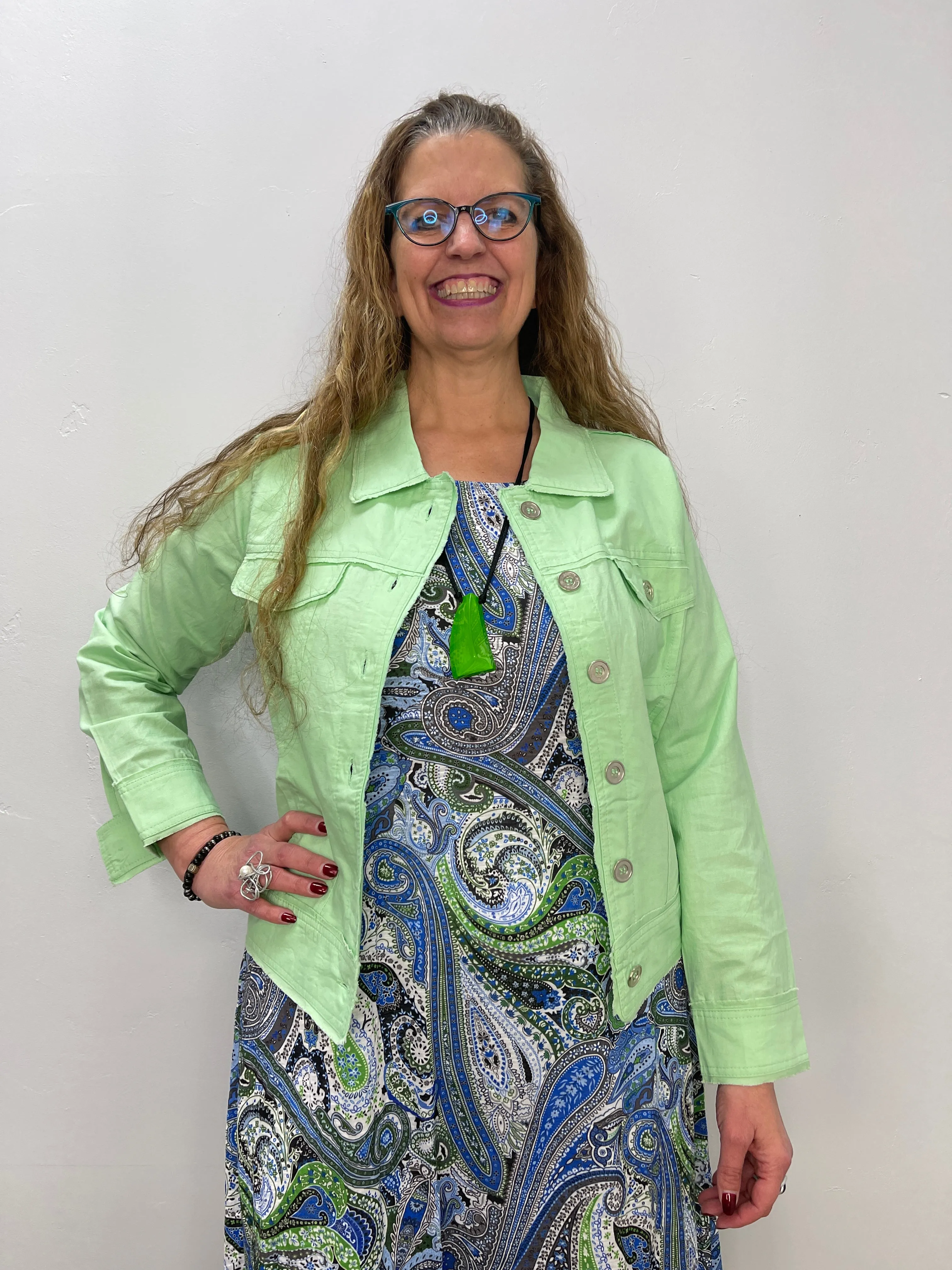 100% Linen Mint Green Collared Button Down Jacket