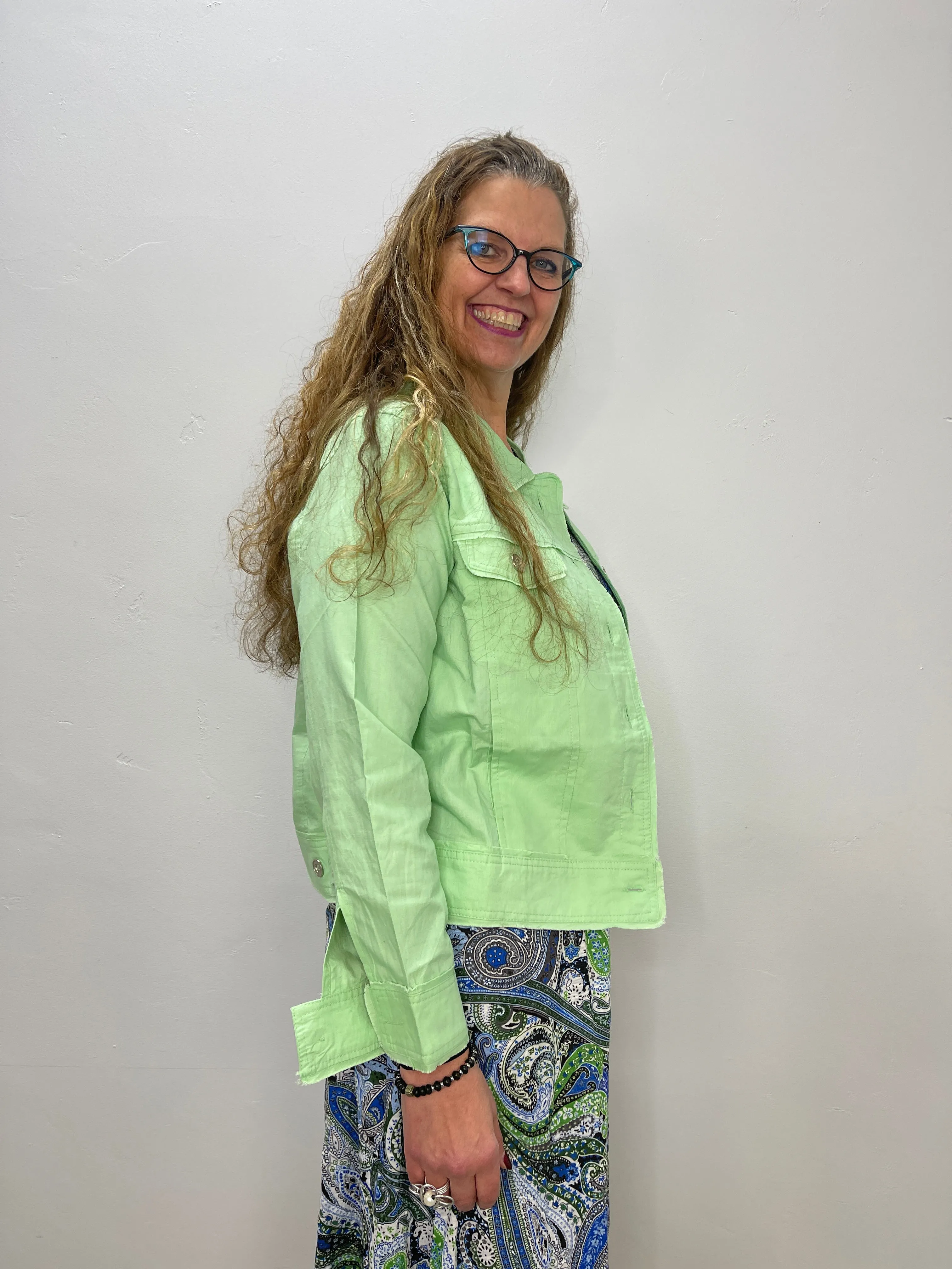 100% Linen Mint Green Collared Button Down Jacket