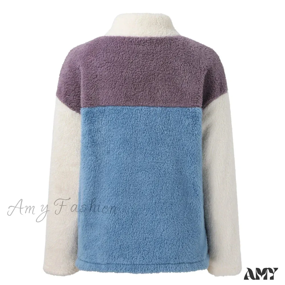 Amy Fashion - Fleece Fuzzy Faux Shearling Zipper Coat