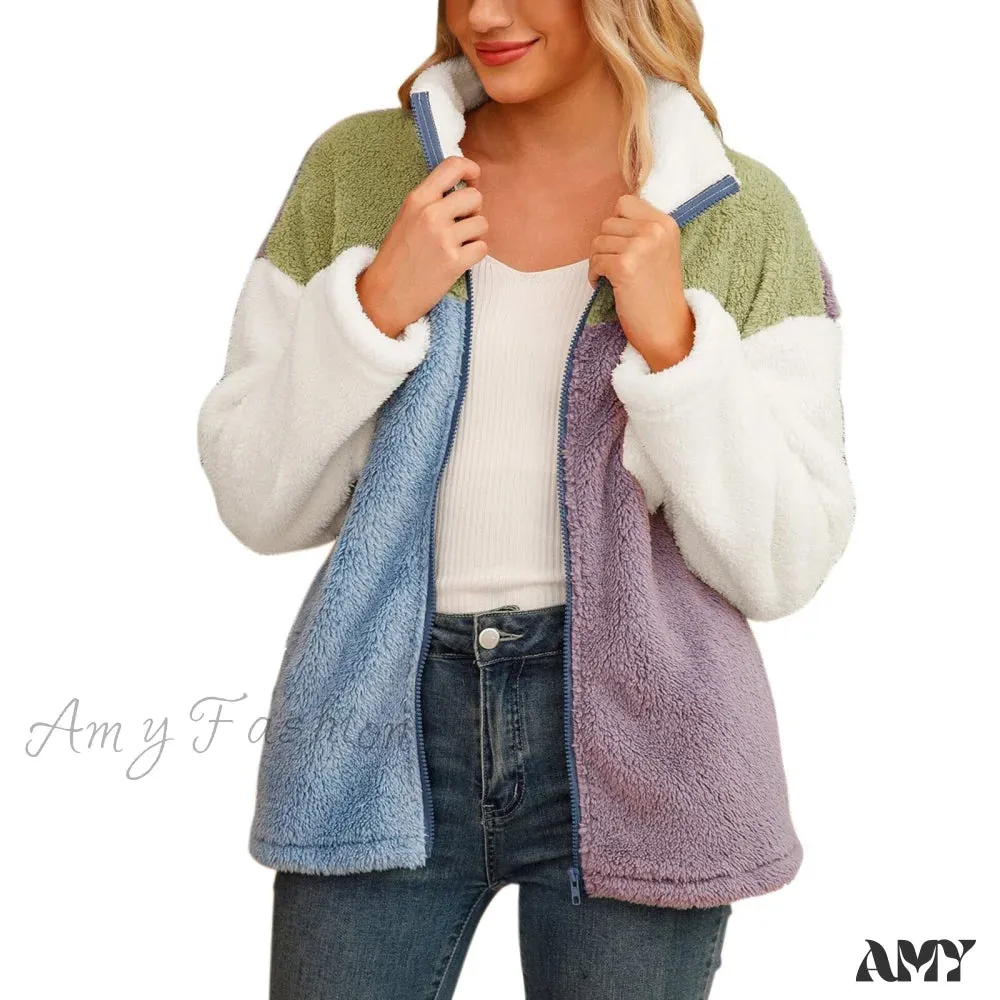 Amy Fashion - Fleece Fuzzy Faux Shearling Zipper Coat