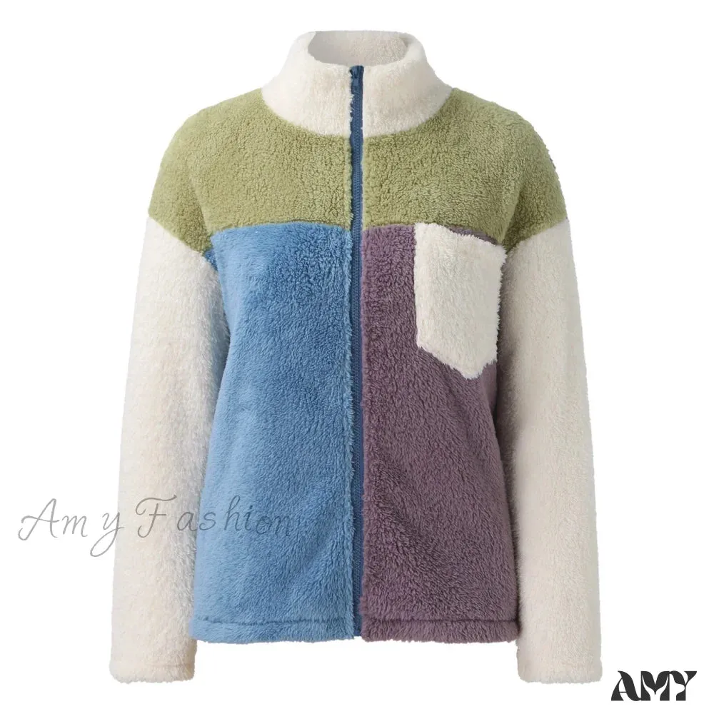 Amy Fashion - Fleece Fuzzy Faux Shearling Zipper Coat