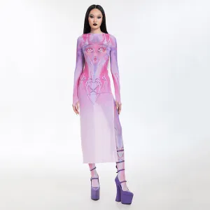 Animation Printed Mesh Crew Neck Maxi Dress