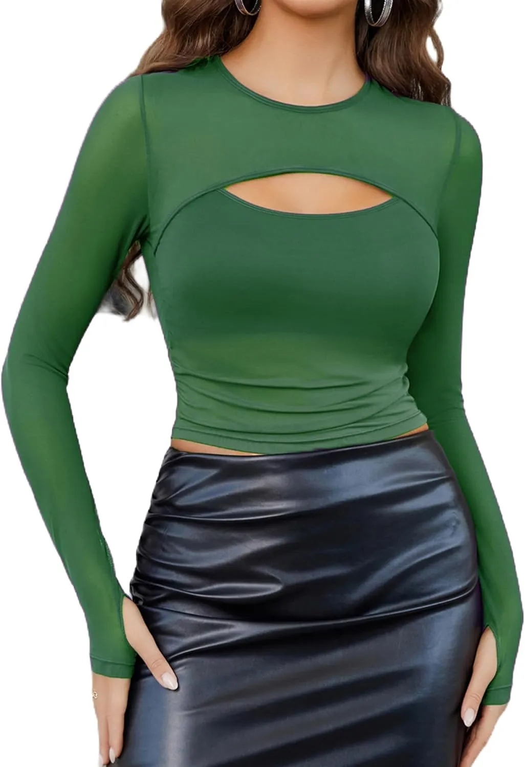 Avidlove Women's Sheer Mesh Long Sleeve Crop Top y2k Sexy Tee Blouse Cutout Clubwear with Thumb Holes