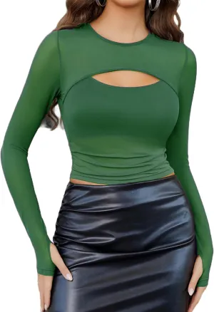 Avidlove Women's Sheer Mesh Long Sleeve Crop Top y2k Sexy Tee Blouse Cutout Clubwear with Thumb Holes