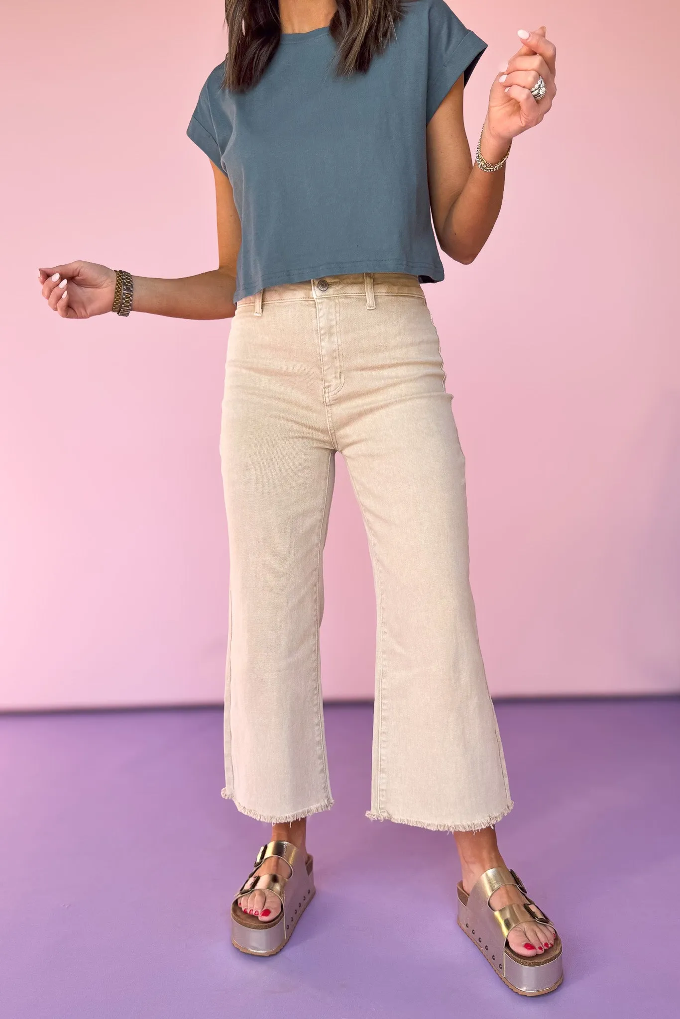 Beige Acid Washed High Waisted Frayed Hem Jeans