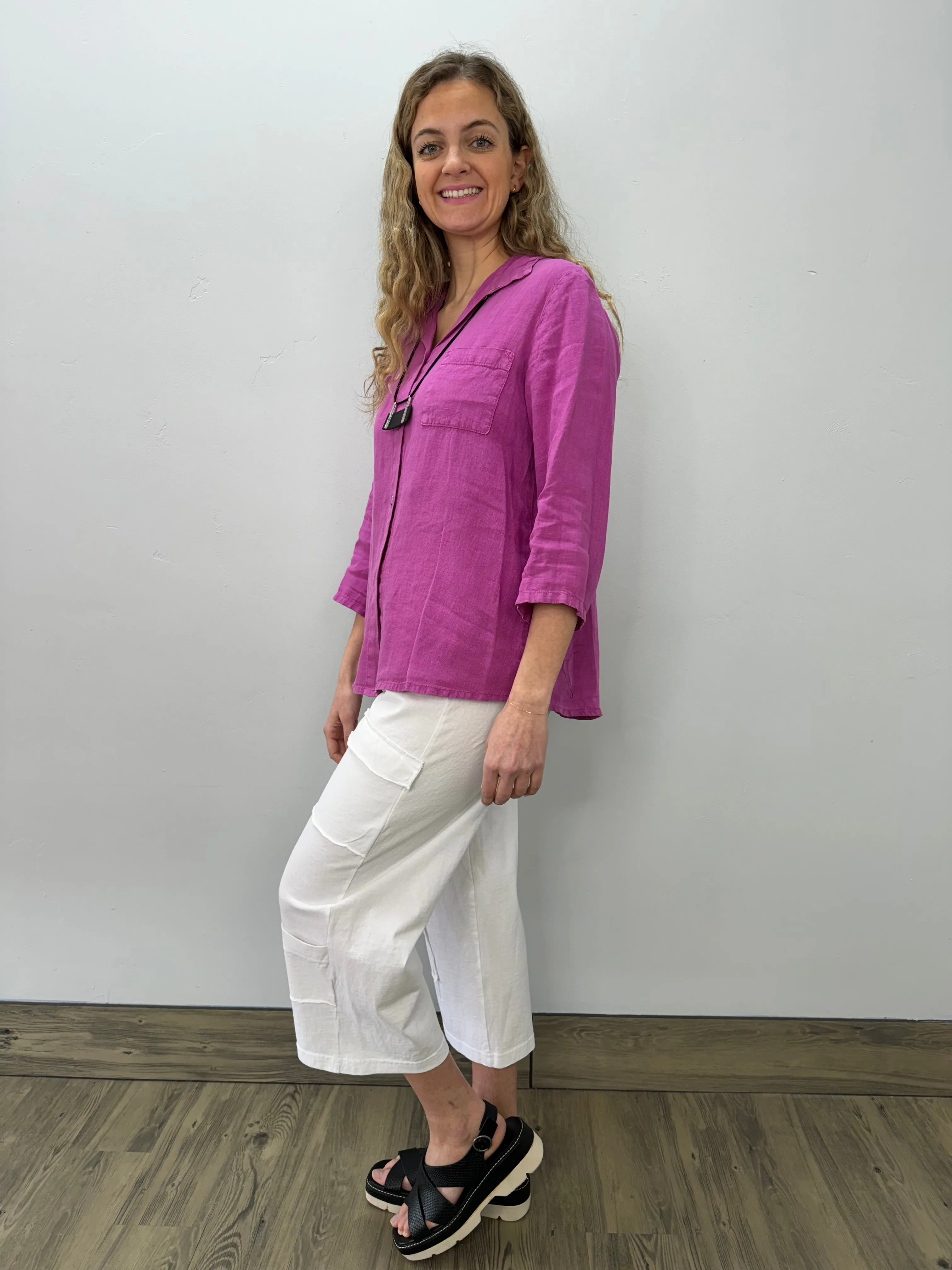 Berry Pink Linen Button Down Top