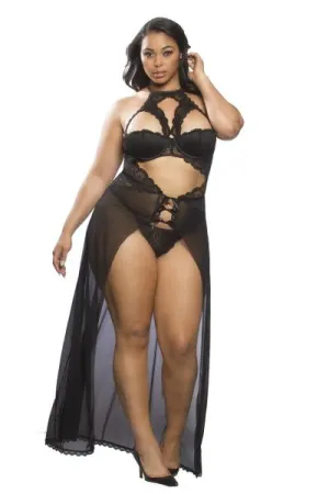 Black - Georgette Balconette Gown with G-string - Size