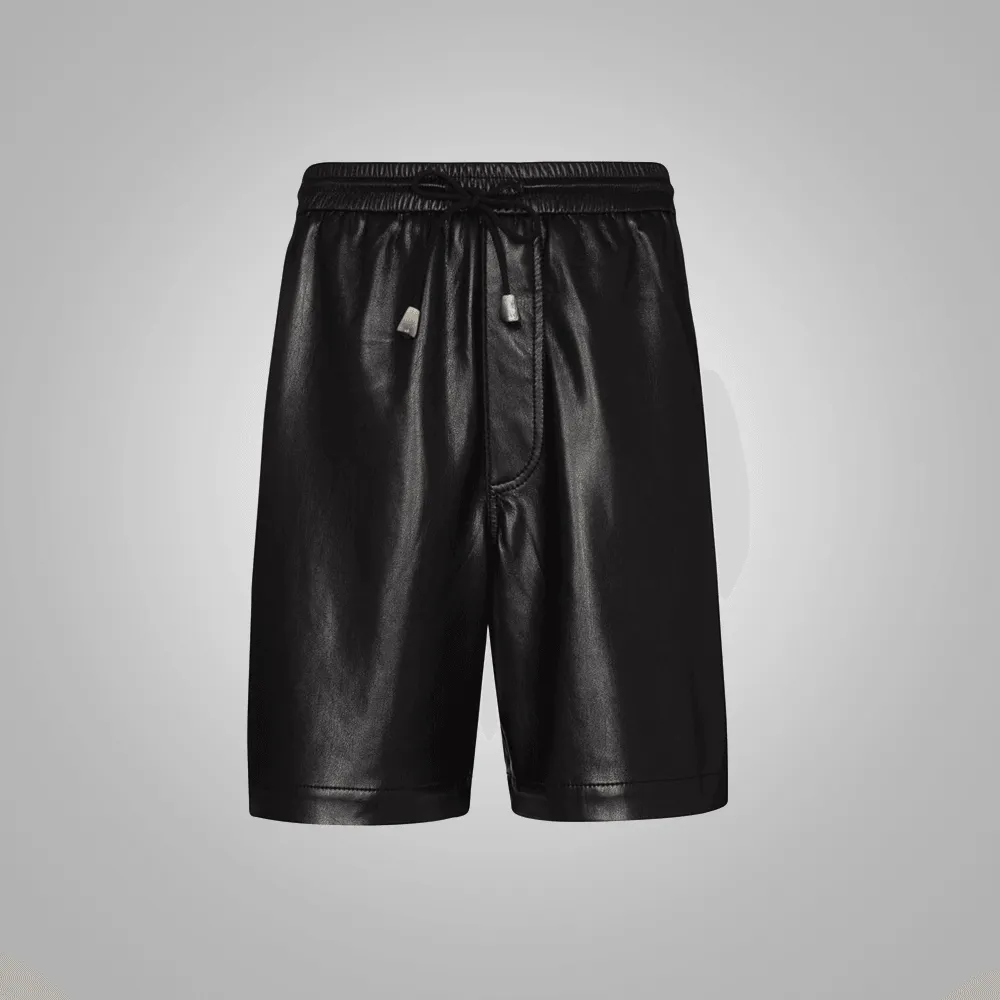 Black Lambskin Leather Shorts For Men