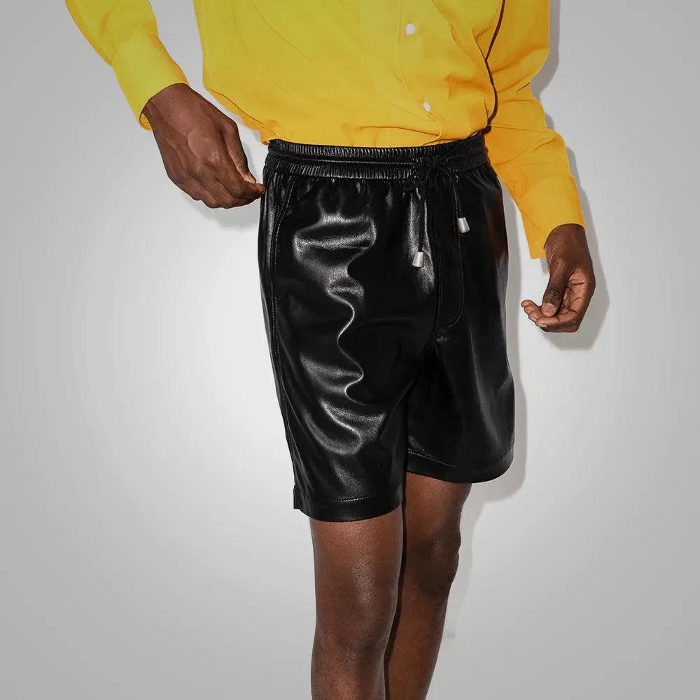 Black Lambskin Leather Shorts For Men