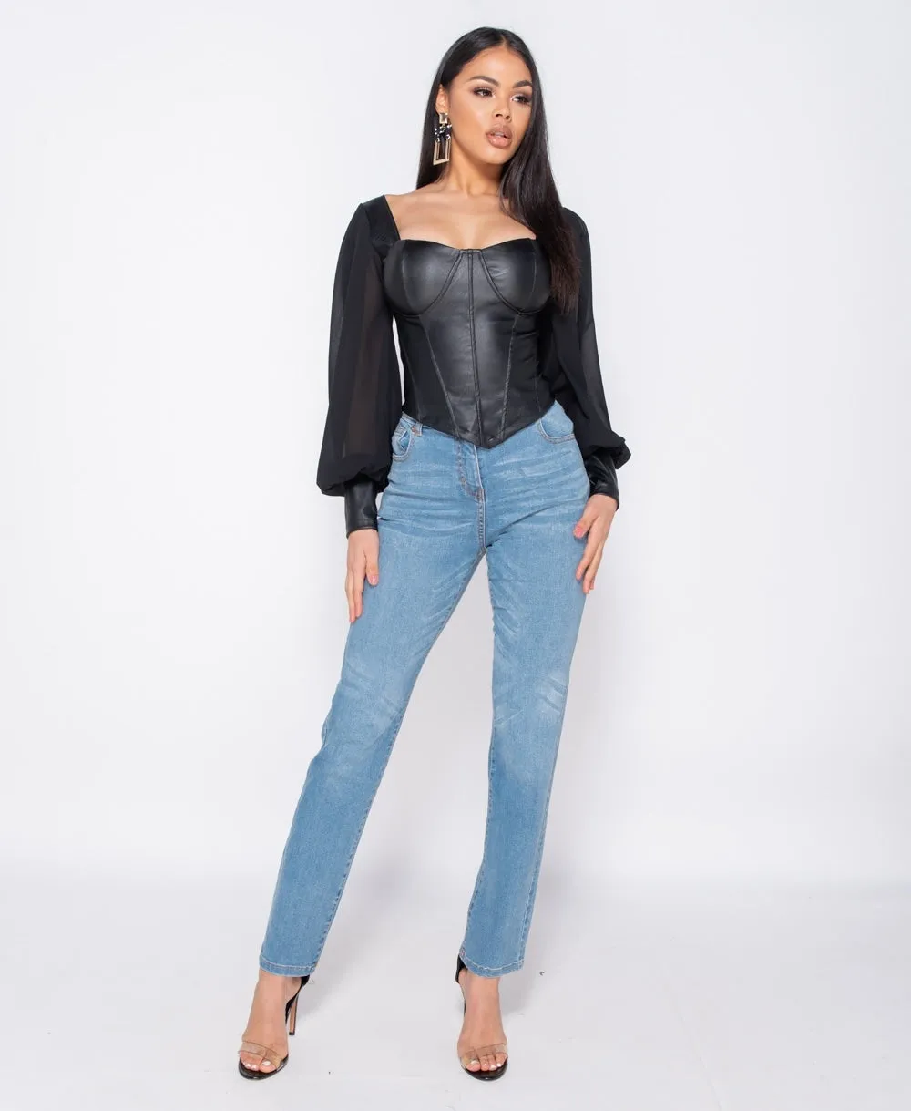 Black PU Corset Detail Top With Sheer Sleeves
