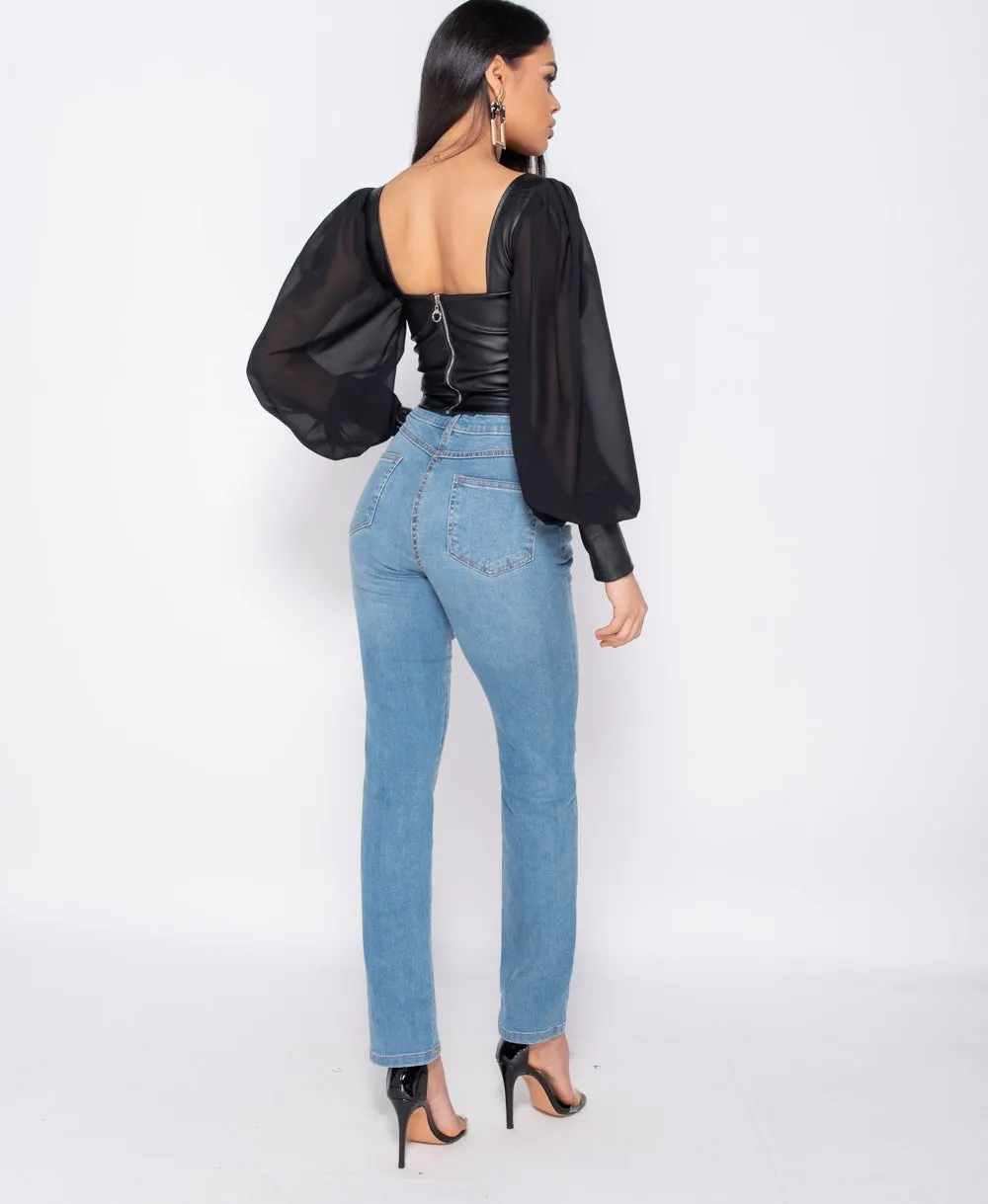 Black PU Corset Detail Top With Sheer Sleeves