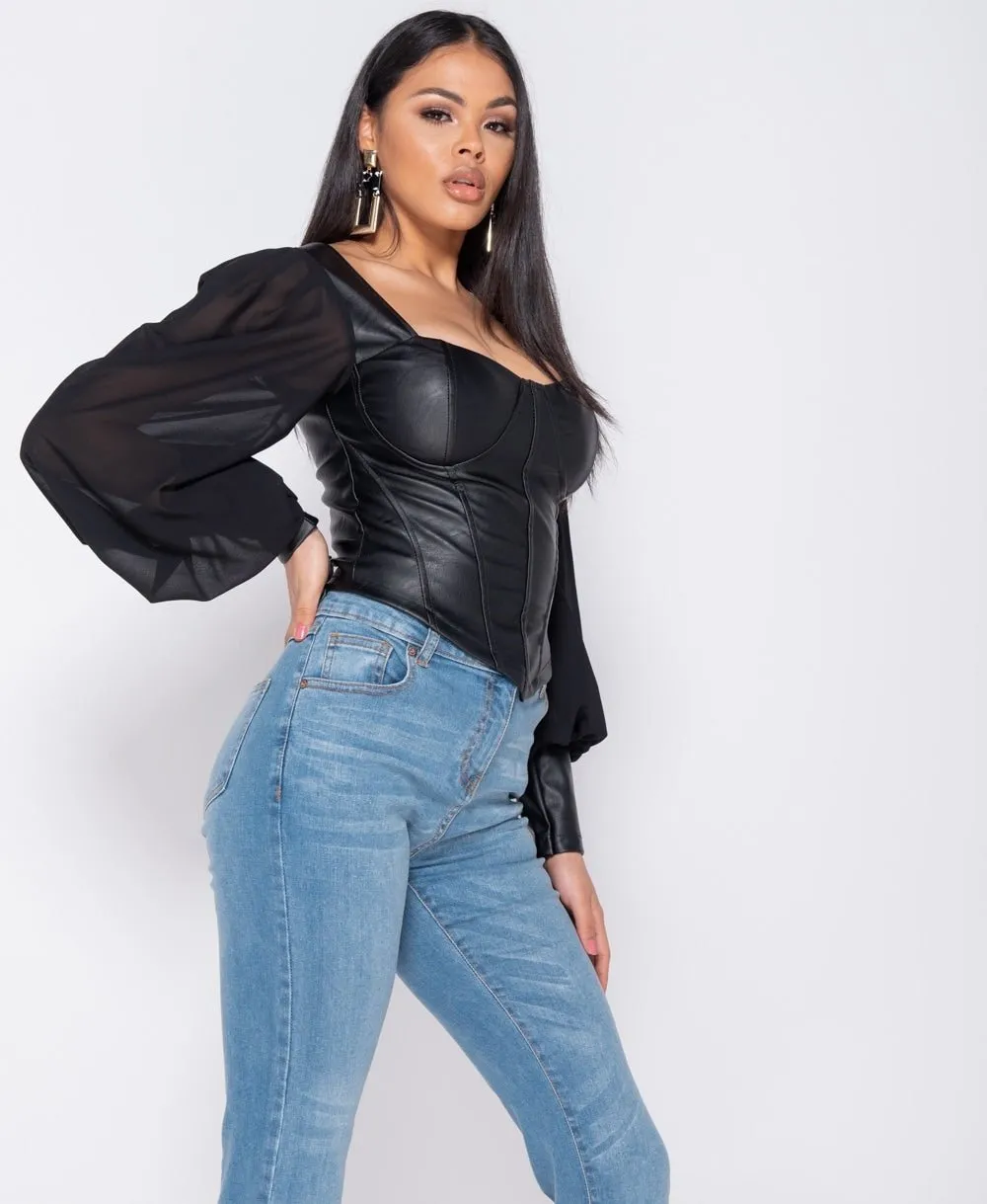 Black PU Corset Detail Top With Sheer Sleeves