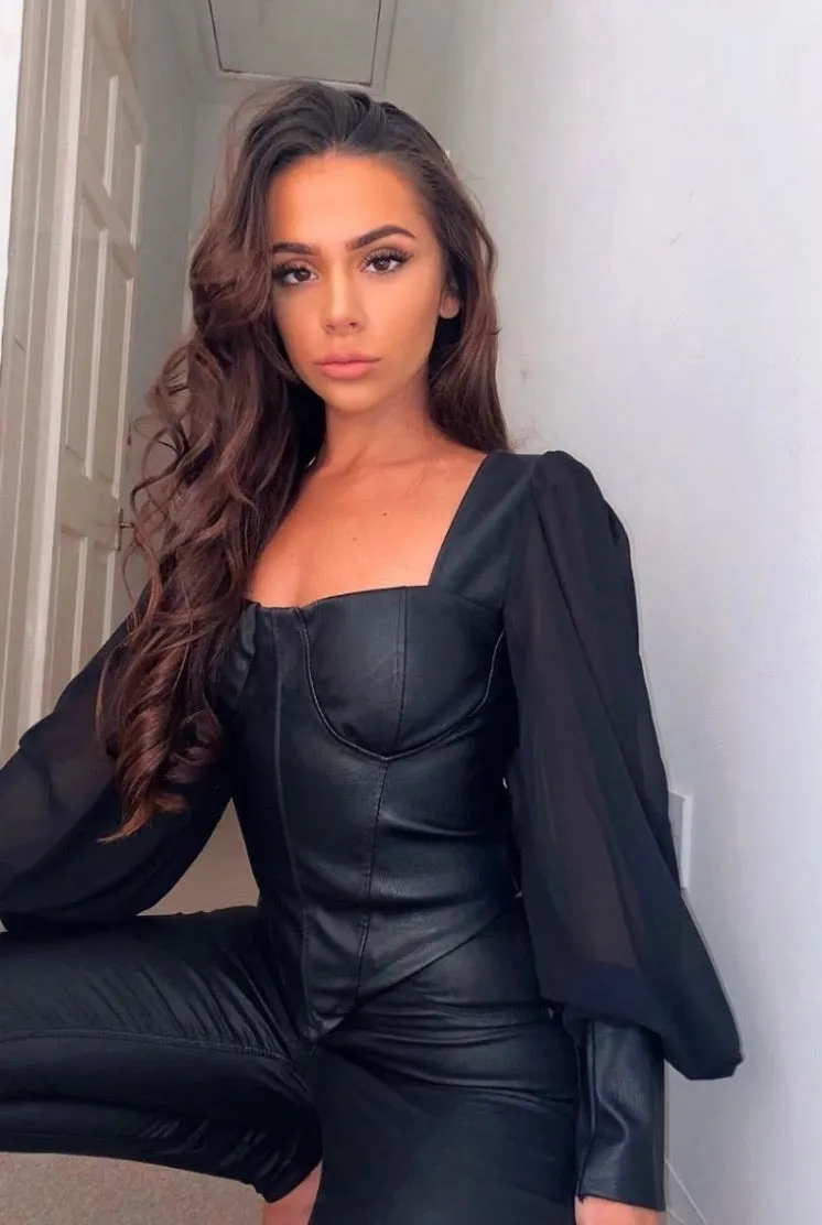 Black PU Corset Detail Top With Sheer Sleeves
