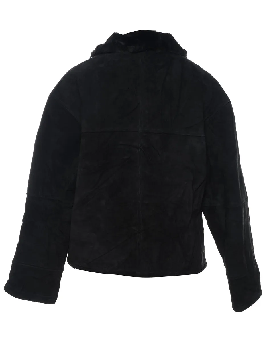Black Shearling Lined Zip-Front Suede Jacket - M