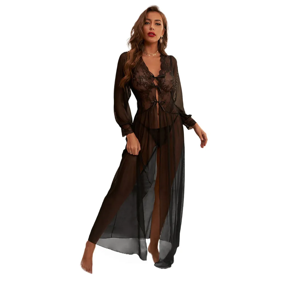 Black V-neck Lace up Patchwork Mesh Nightdress