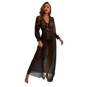 Black V-neck Lace up Patchwork Mesh Nightdress