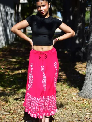 Bohemian Indian Ethnic Batik Print Embroidered Mid-Length Long Ruffled Skirt Boho Midi Skirt