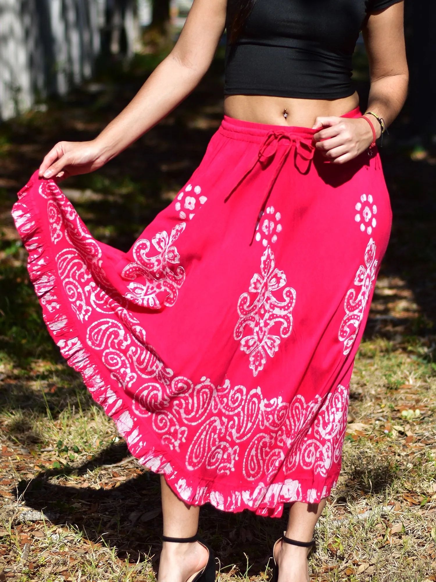 Bohemian Indian Ethnic Batik Print Embroidered Mid-Length Long Ruffled Skirt Boho Midi Skirt