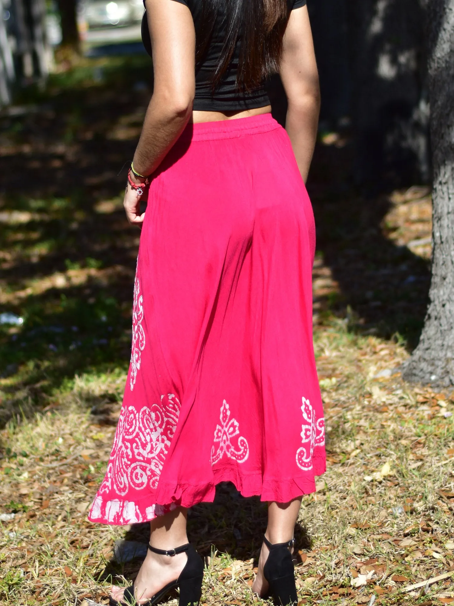 Bohemian Indian Ethnic Batik Print Embroidered Mid-Length Long Ruffled Skirt Boho Midi Skirt