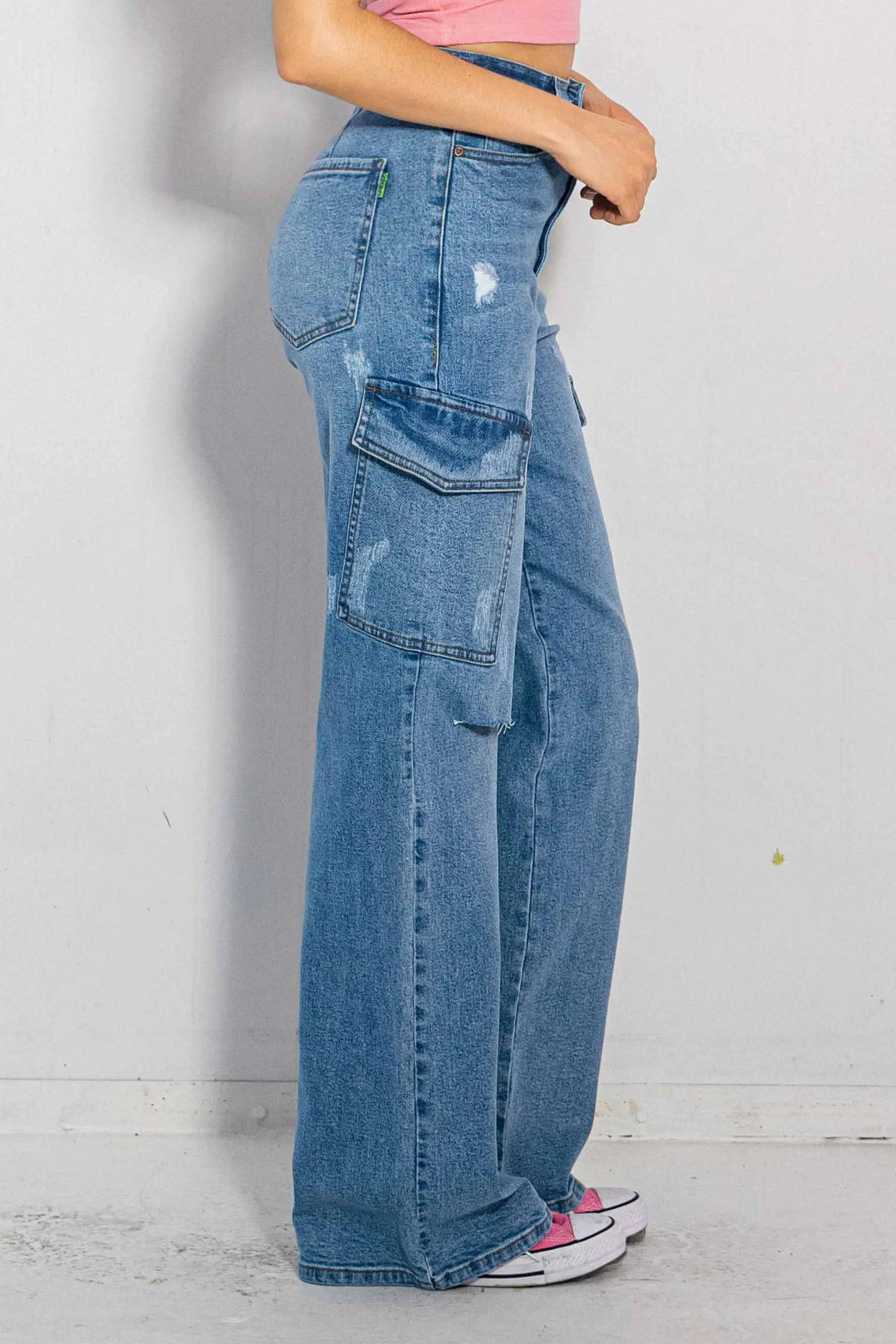 Cargo Distress Wide Leg Jeans