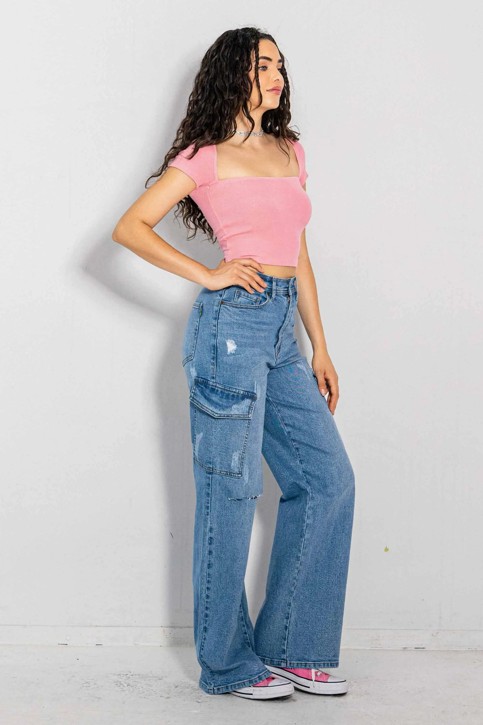 Cargo Distress Wide Leg Jeans