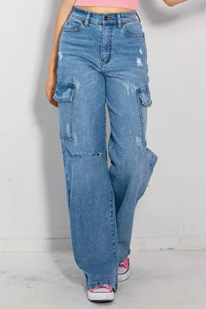 Cargo Distress Wide Leg Jeans