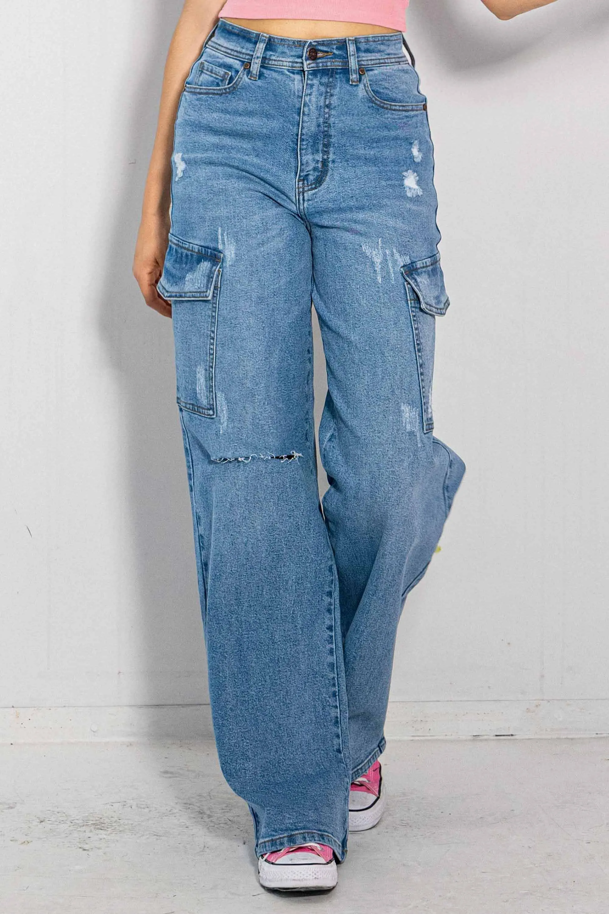 Cargo Distress Wide Leg Jeans