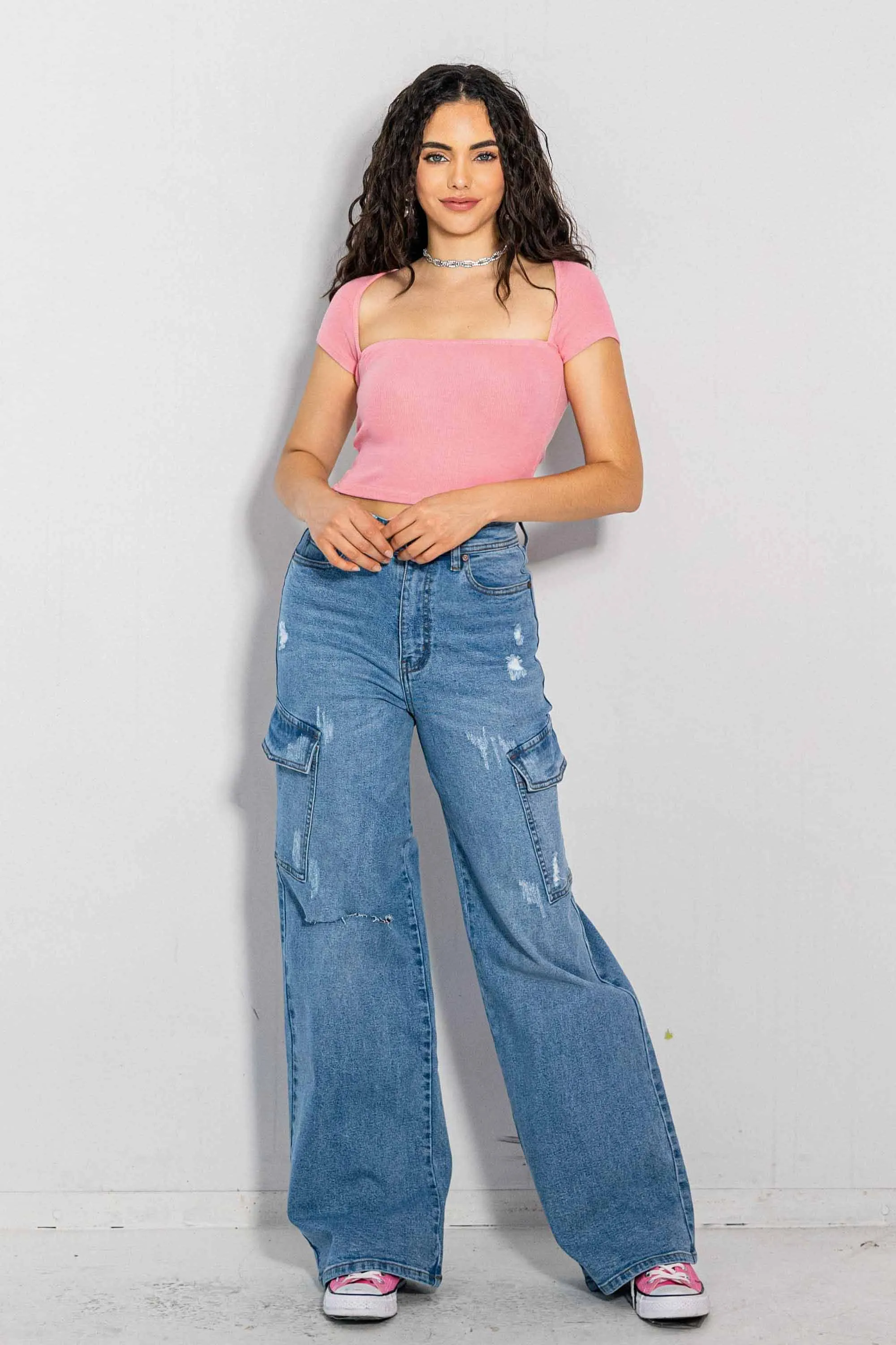 Cargo Distress Wide Leg Jeans