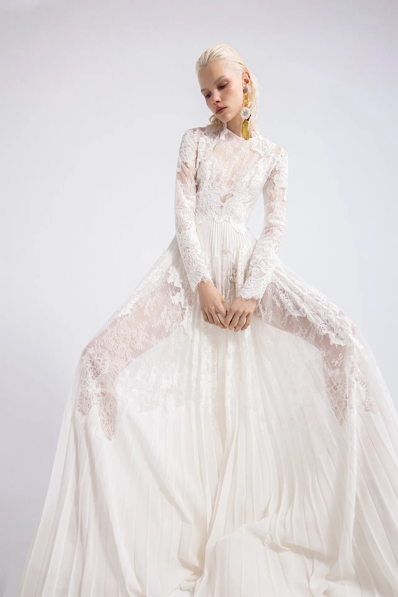 Chantilly Lace Long-Sleeved Flared Dress