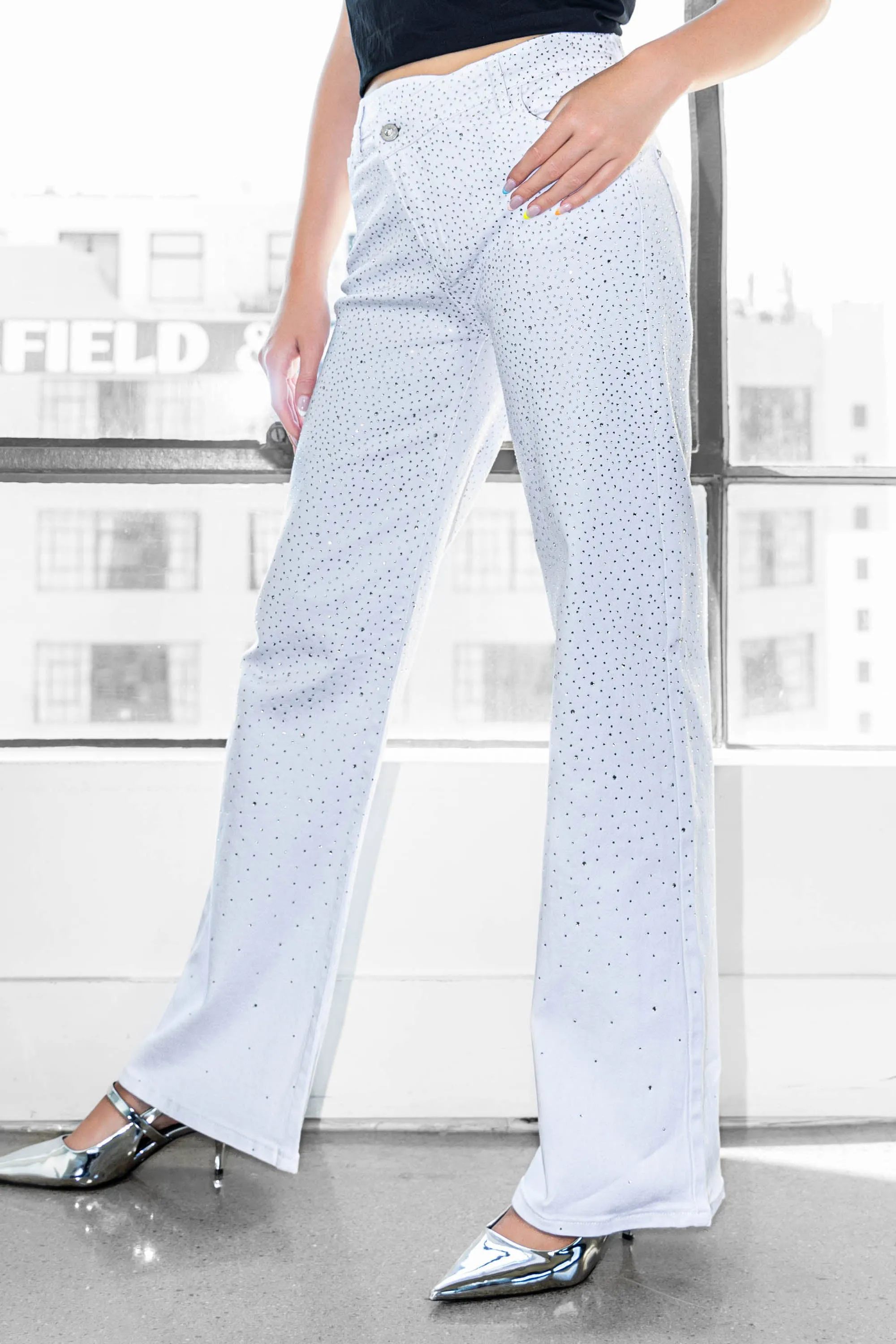 Criss Crossed Waist Rhinestone Wide Leg Jeans