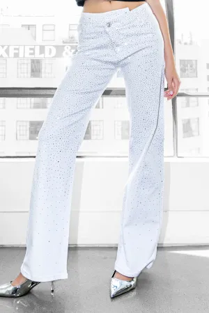 Criss Crossed Waist Rhinestone Wide Leg Jeans