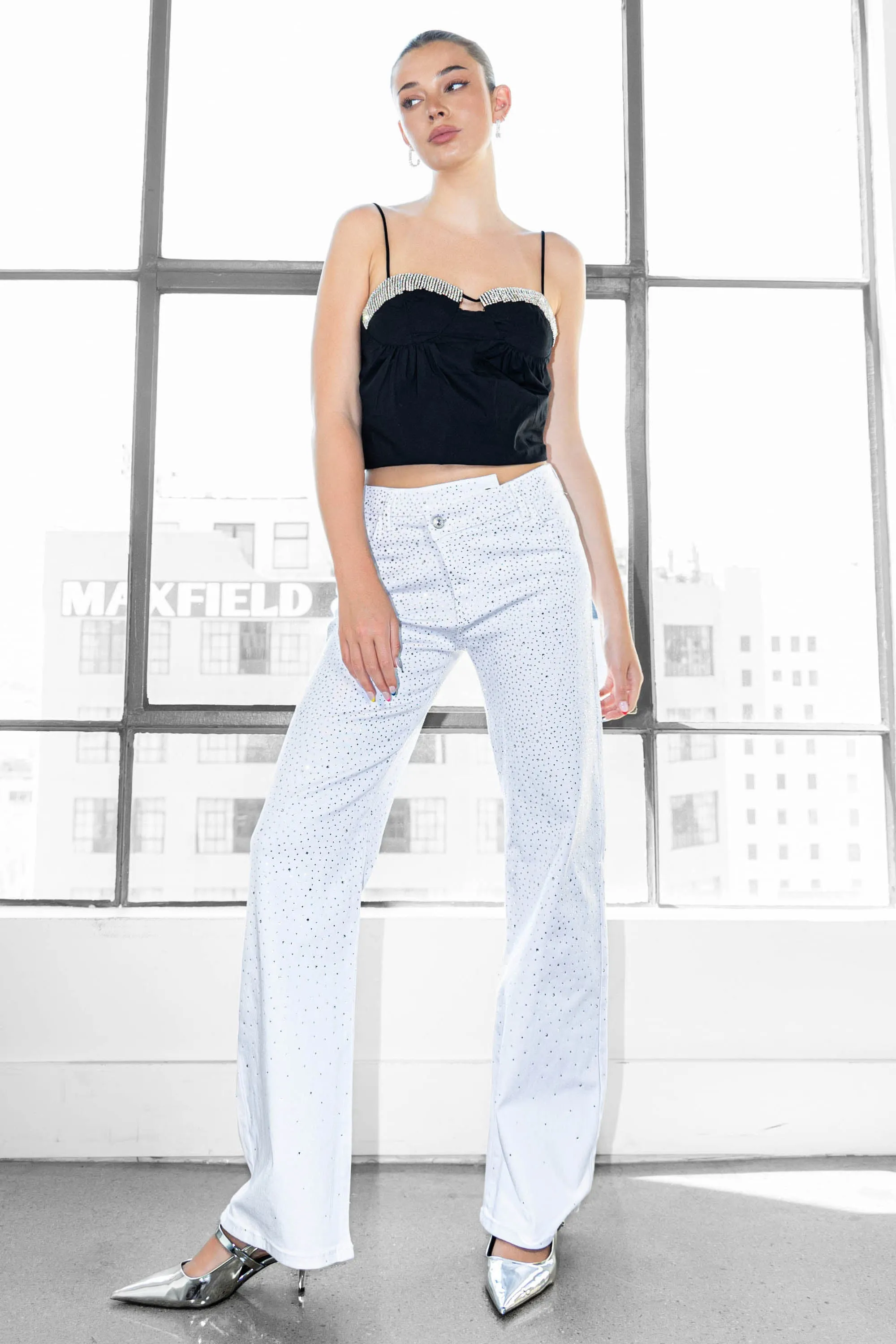 Criss Crossed Waist Rhinestone Wide Leg Jeans