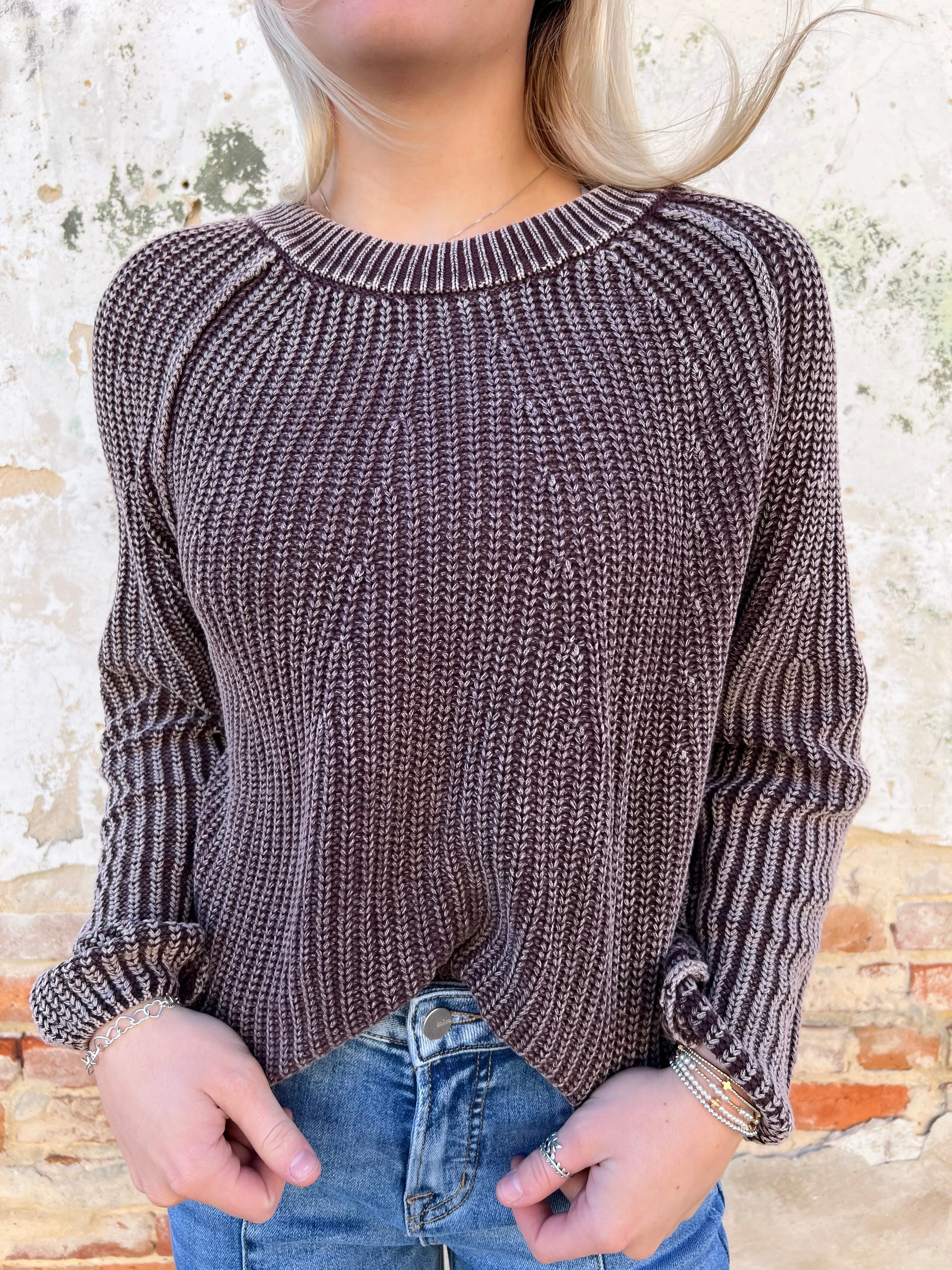 Delilah Washed Crewneck Knit Pullover Sweater