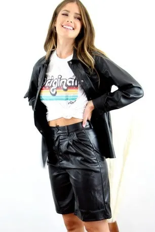 Ella Women's Real Leather Pleated Detail High Waisted Shorts Black