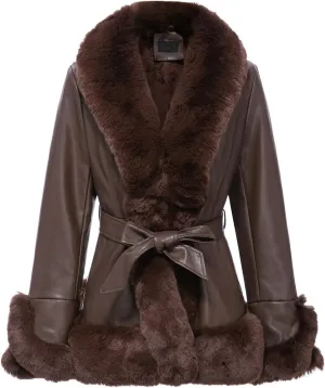 Faux Leather Jacket for Women with Faux Fur Collar Long Sleeve Parka with Pockets Warm Winter Coat with Belt