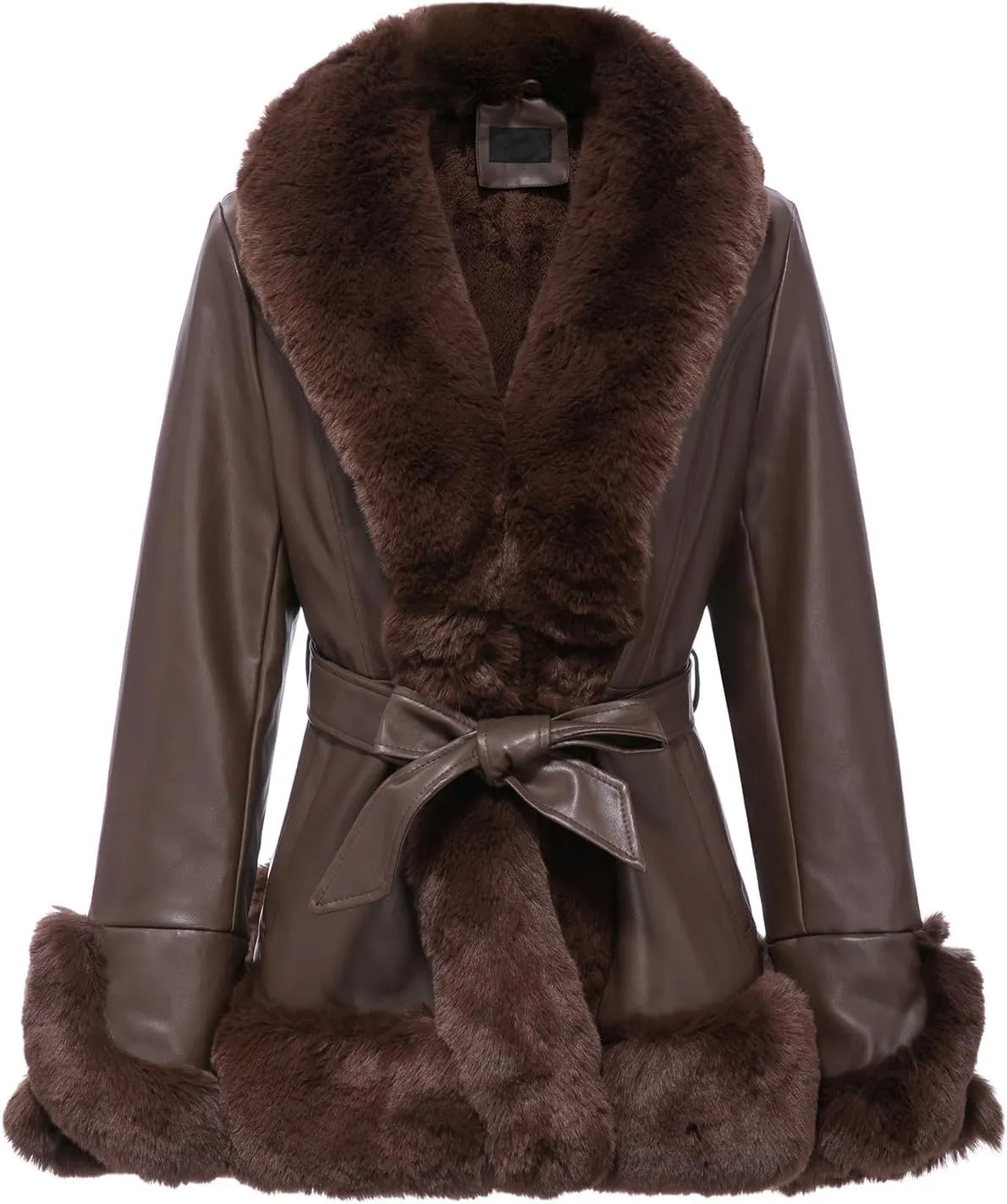 Faux Leather Jacket for Women with Faux Fur Collar Long Sleeve Parka with Pockets Warm Winter Coat with Belt