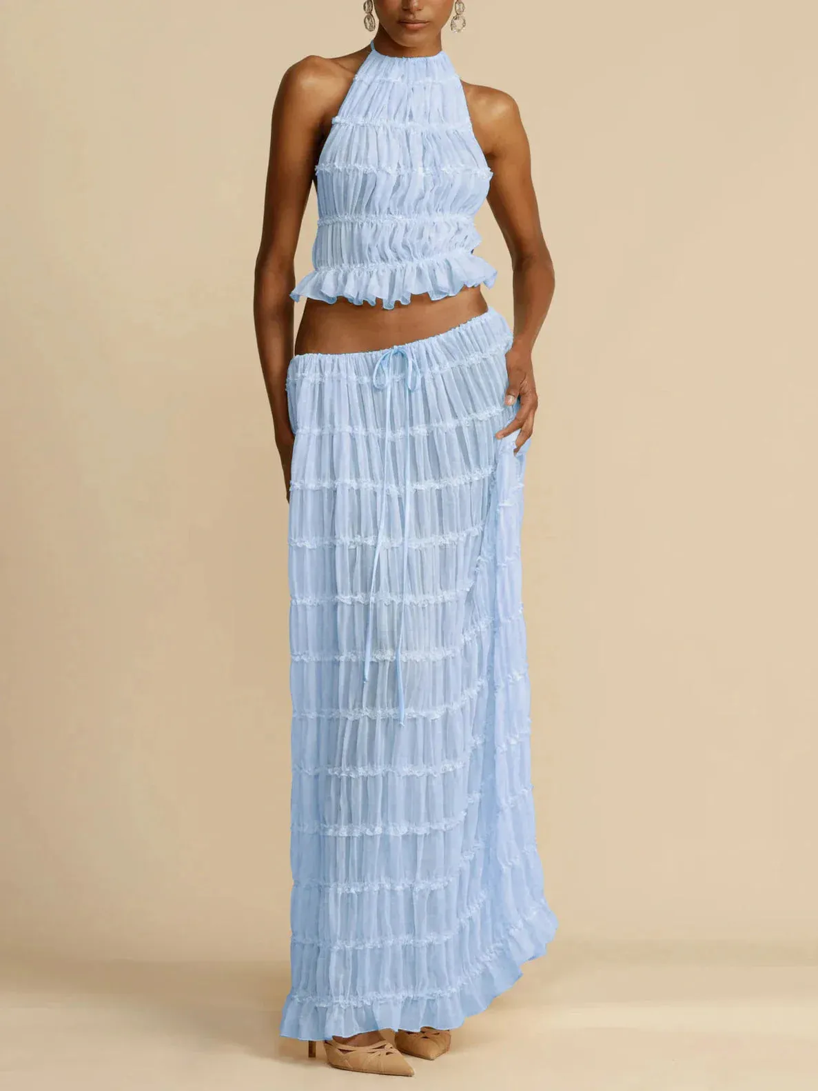 Halterneck Ruched Open Back Tie Trendy Up Top And Maxi Skirt Set
