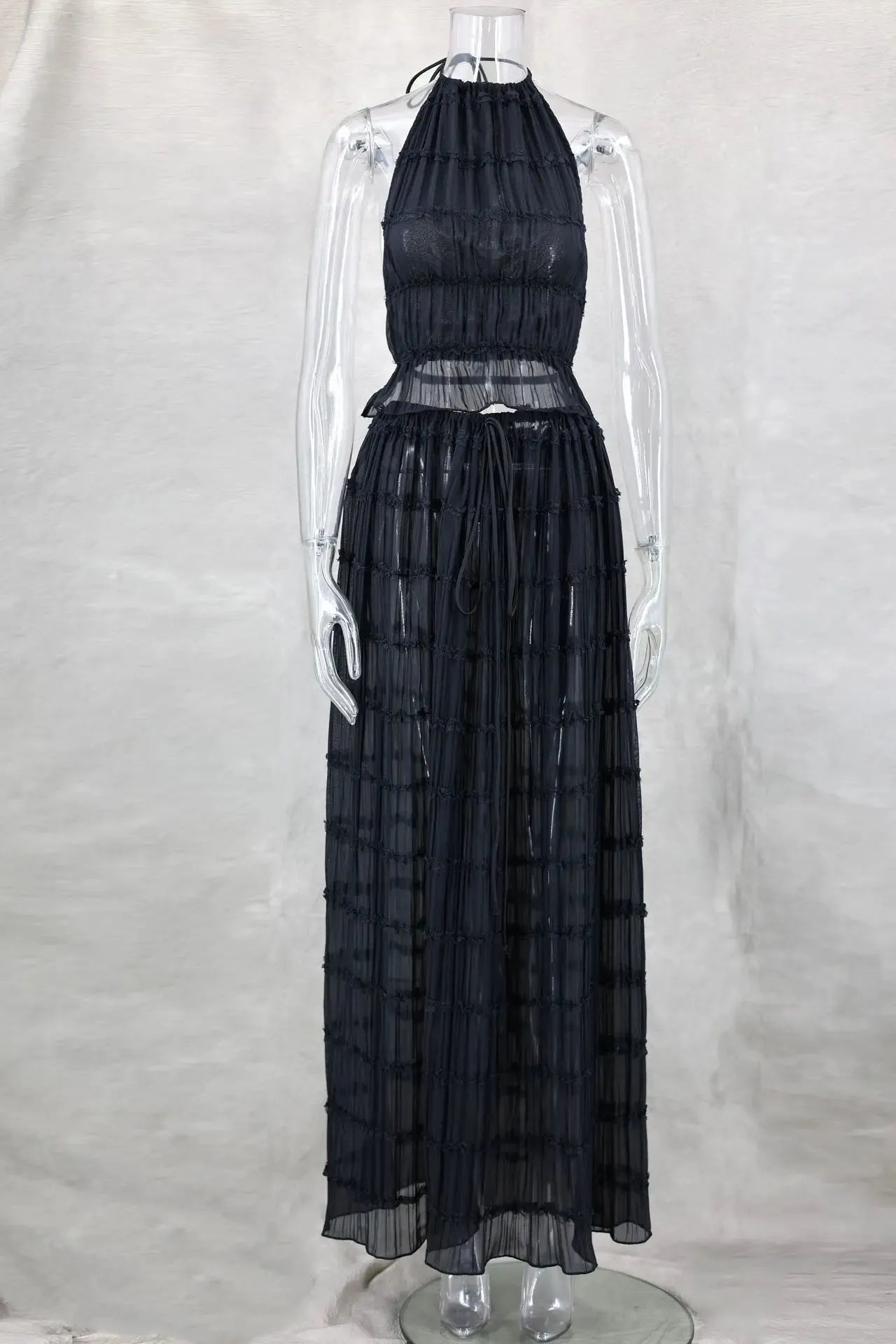 Halterneck Ruched Open Back Tie Trendy Up Top And Maxi Skirt Set