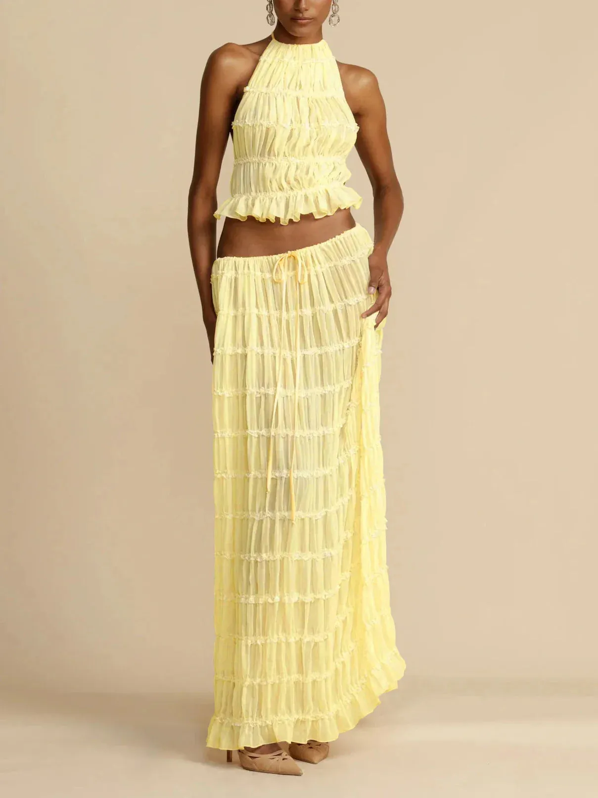 Halterneck Ruched Open Back Tie Trendy Up Top And Maxi Skirt Set