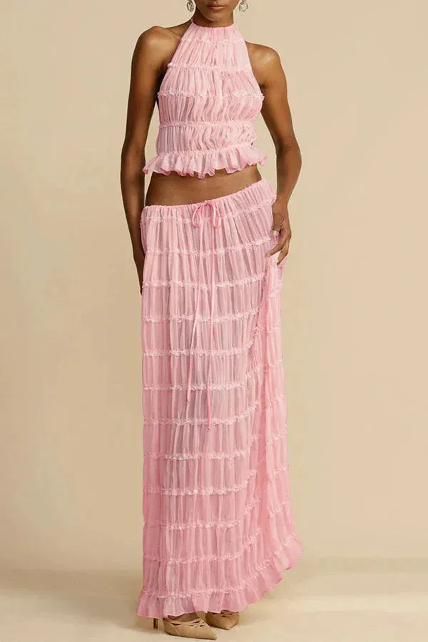Halterneck Ruched Open Back Tie Trendy Up Top And Maxi Skirt Set