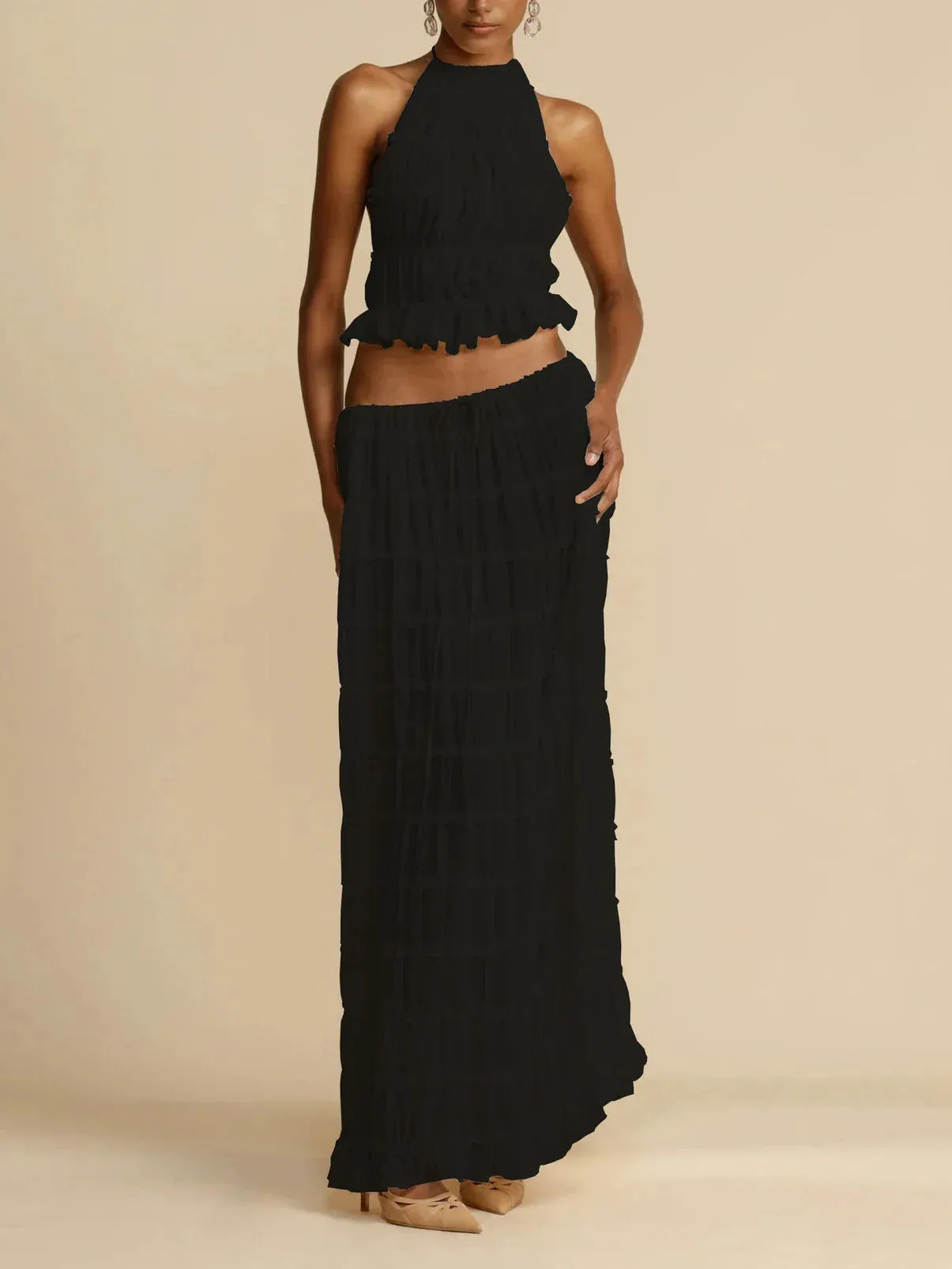 Halterneck Ruched Open Back Tie Trendy Up Top And Maxi Skirt Set
