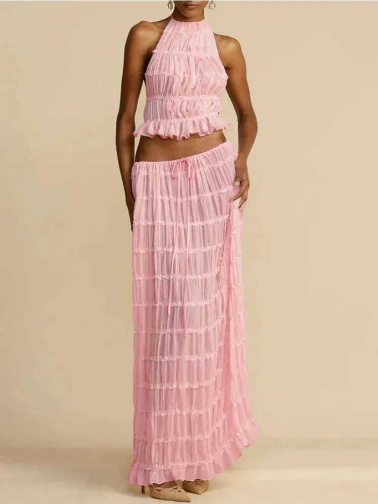 Halterneck Ruched Open Back Tie Trendy Up Top And Maxi Skirt Set