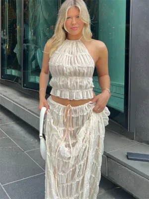 Halterneck Ruched Open Back Tie Trendy Up Top And Maxi Skirt Set