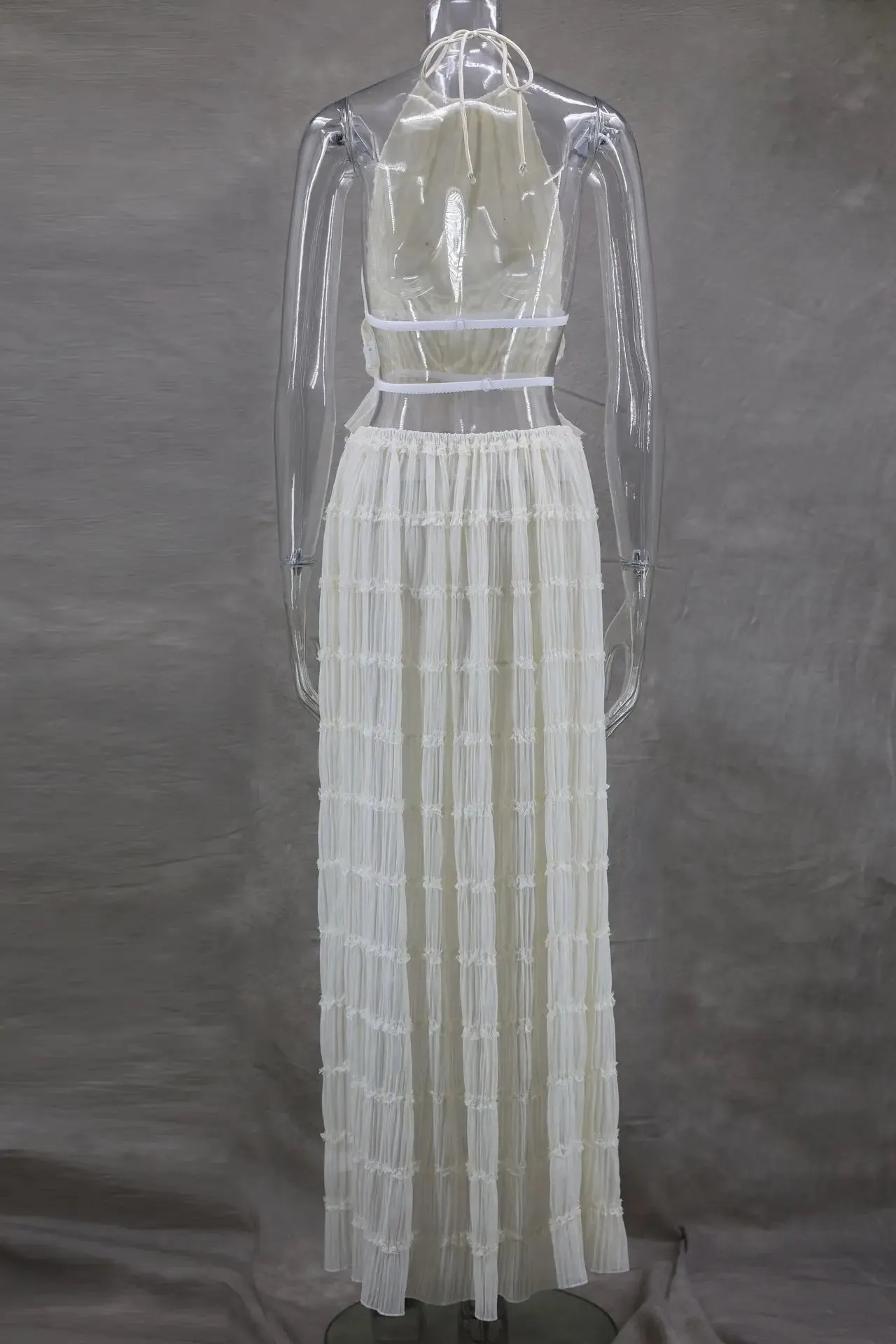 Halterneck Ruched Open Back Tie Trendy Up Top And Maxi Skirt Set