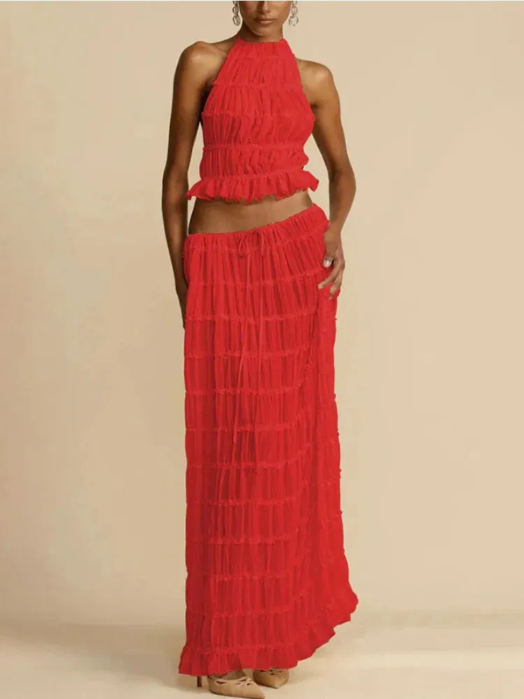 Halterneck Ruched Open Back Tie Trendy Up Top And Maxi Skirt Set