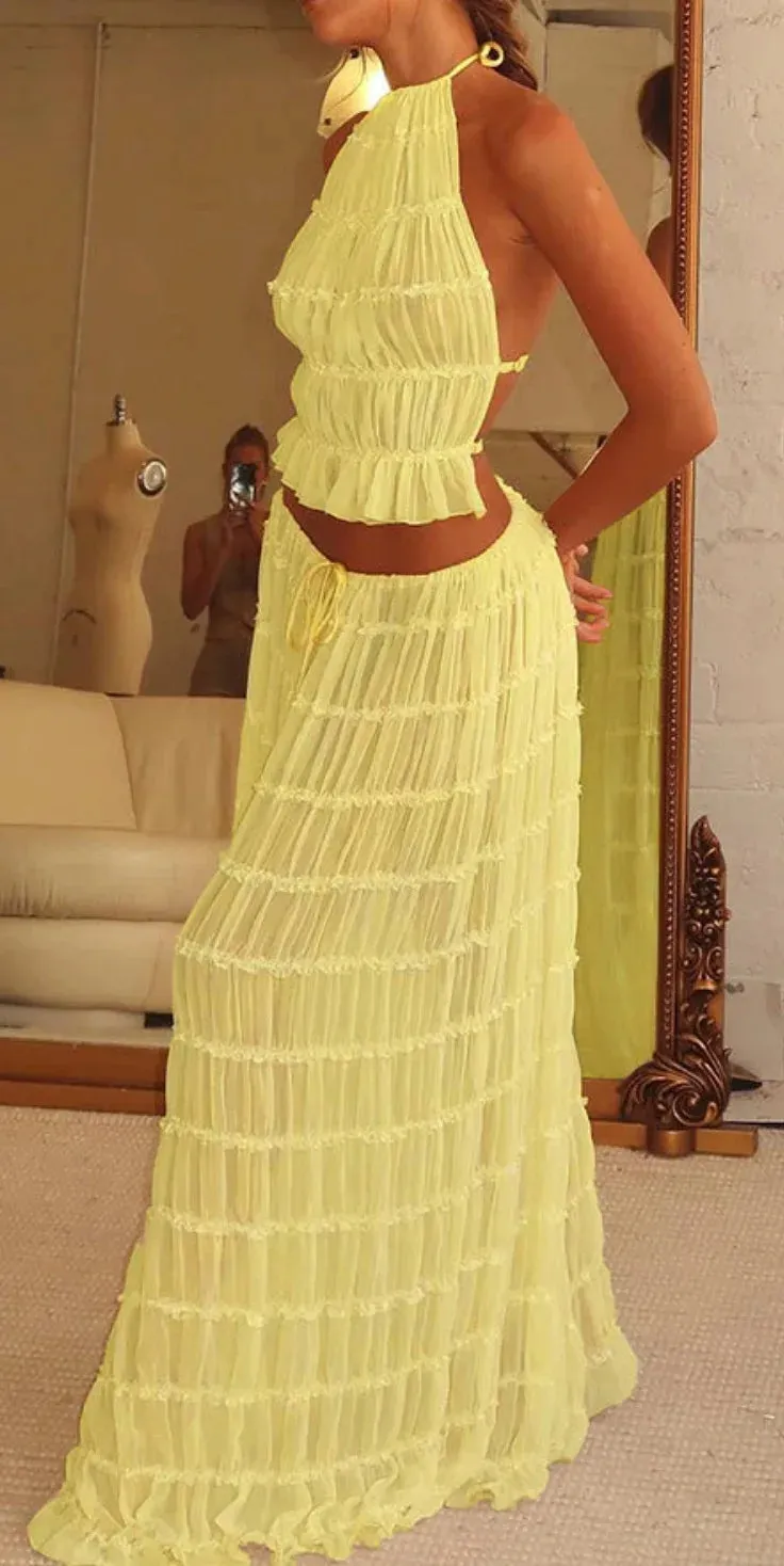 Halterneck Ruched Open Back Tie Trendy Up Top And Maxi Skirt Set