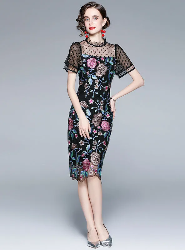 Heavy Embroidery Mesh Stitching Slim Dress