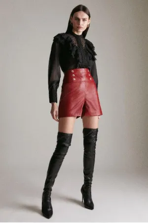 High Waist Military Button Red Leather Shorts
