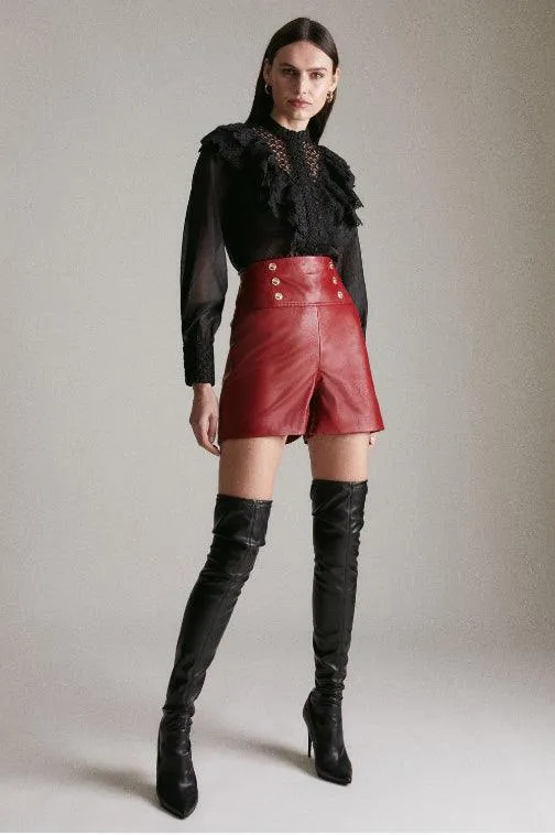 High Waist Military Button Red Leather Shorts