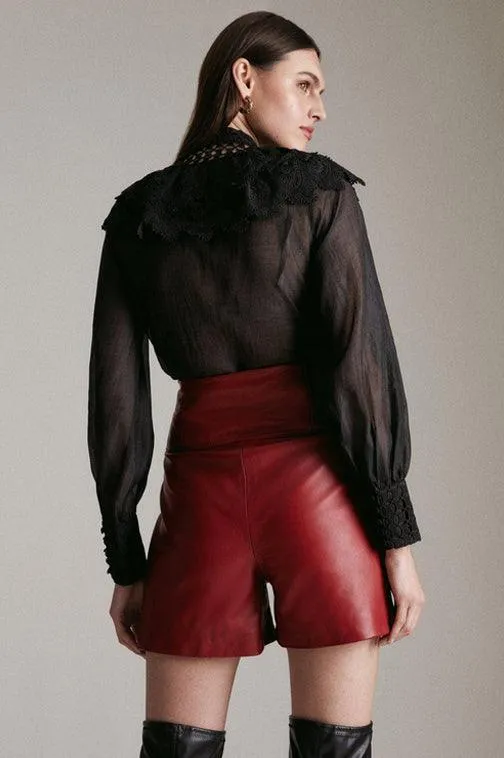 High Waist Military Button Red Leather Shorts